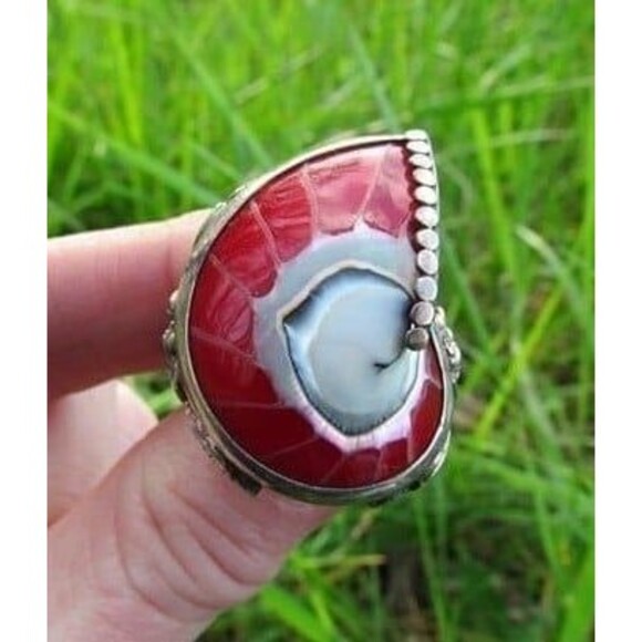 Handmade Red and White Nautilus Shell with Two Sterling Silver Dragonflies Ring - Picture 1 of 11